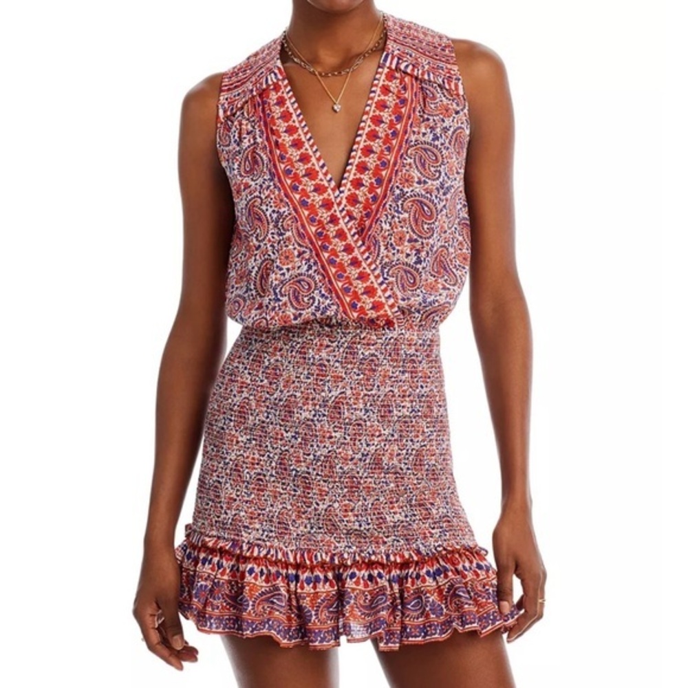 Veronica Beard Cox Paisley Shirred Ruffle Mini Dress | Red/Blue | Small